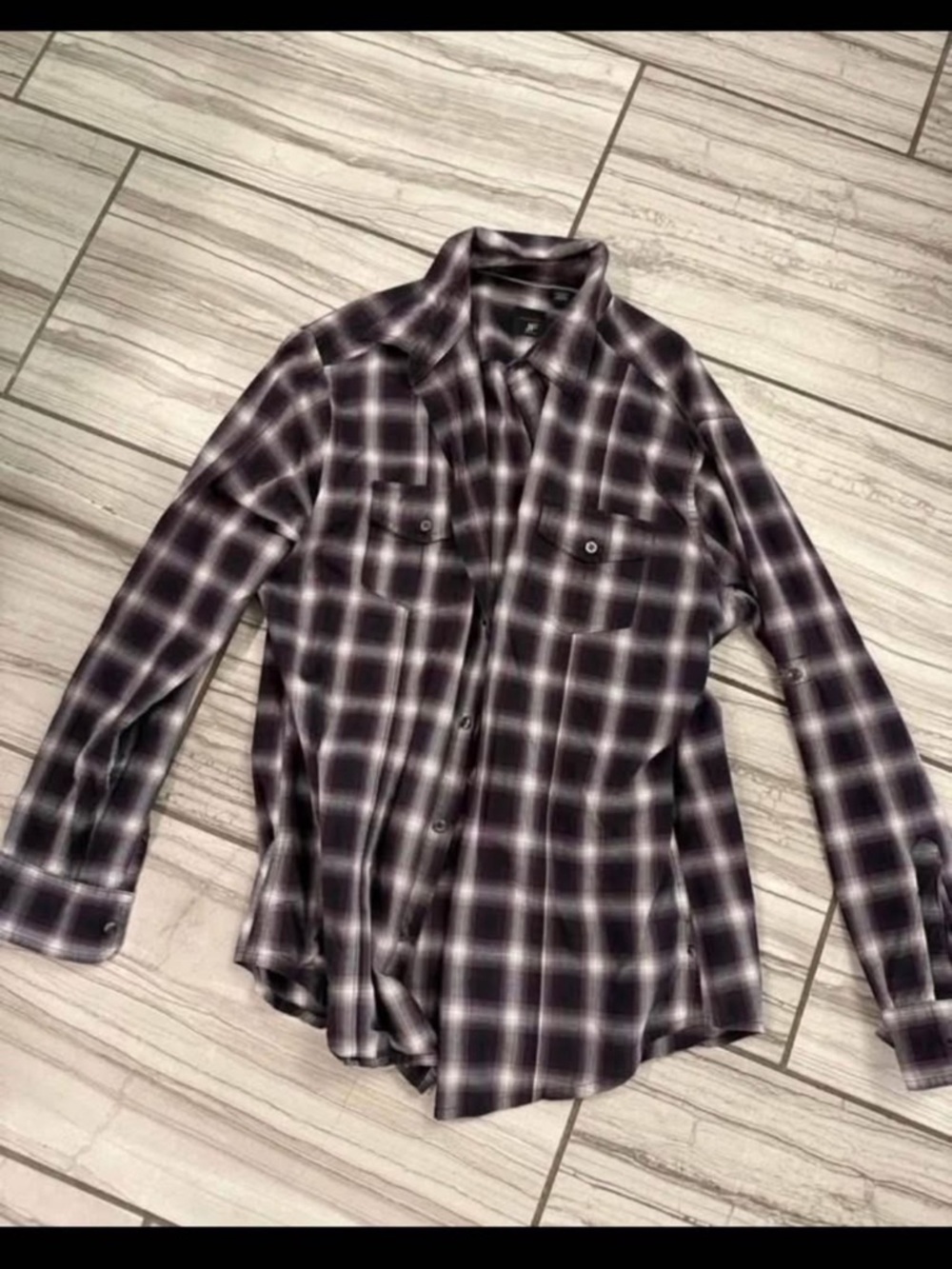 Men's Black and White Plaid Button-Up Shirt